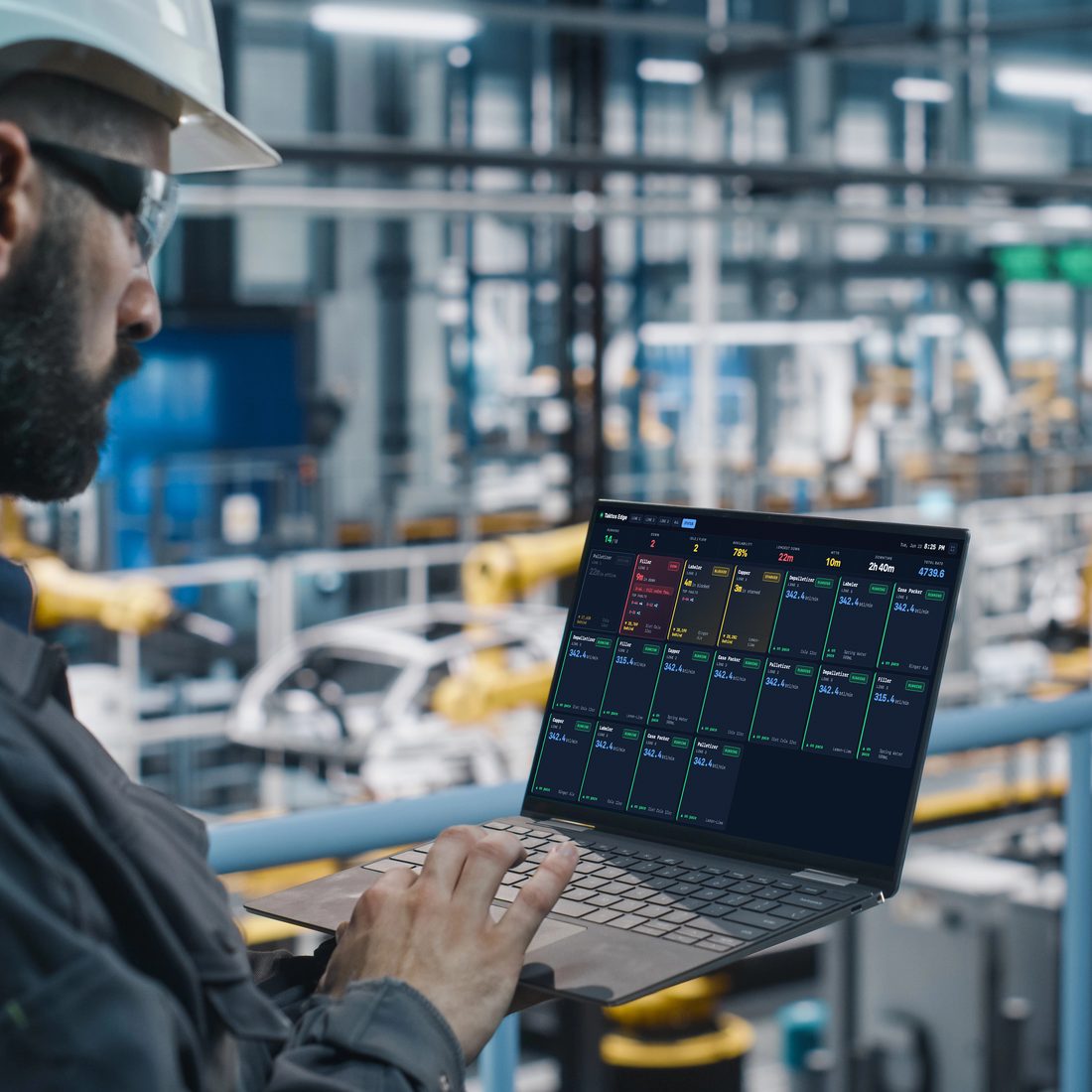 Plant-wide Taktos Edge dashboard on a laptop on the factory floor — the headless gateway pushing live data to a screen anywhere.